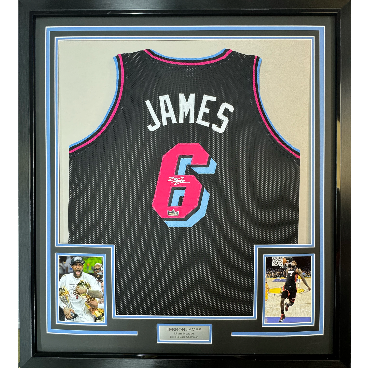 Framed Facsimile Autographed LeBron James 35x39 Miami Black Vice City Reprint Laser Auto Basketball Jersey