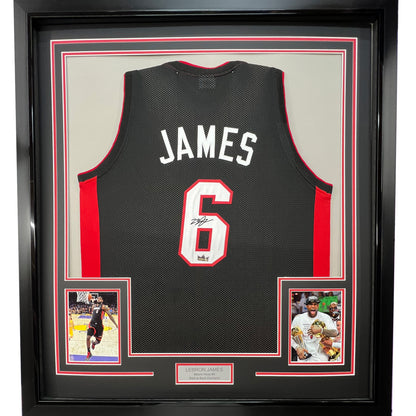 Framed Facsimile Autographed LeBron James 35x39 Miami Black Reprint Laser Auto Basketball Jersey