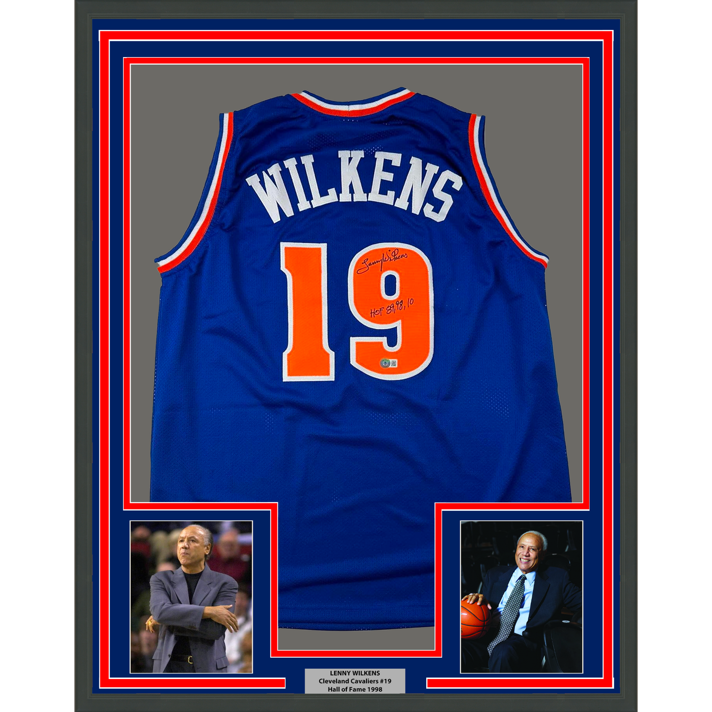 Framed Autographed/Signed Lenny Wilkens 35x39 HOF Cleveland Blue Basketball Jersey Beckett BAS COA