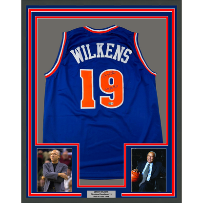 Framed Autographed/Signed Lenny Wilkens 35x39 HOF Cleveland Blue Basketball Jersey Beckett BAS COA