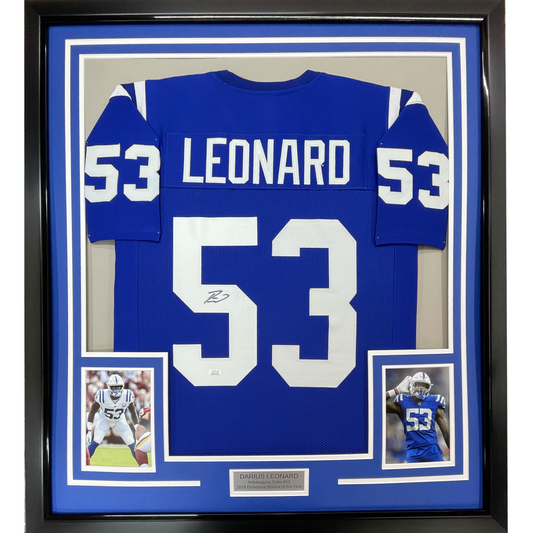 Framed Autographed/Signed Darius Shaquille Leonard 35x39 Indianapolis Blue Football Jersey JSA COA