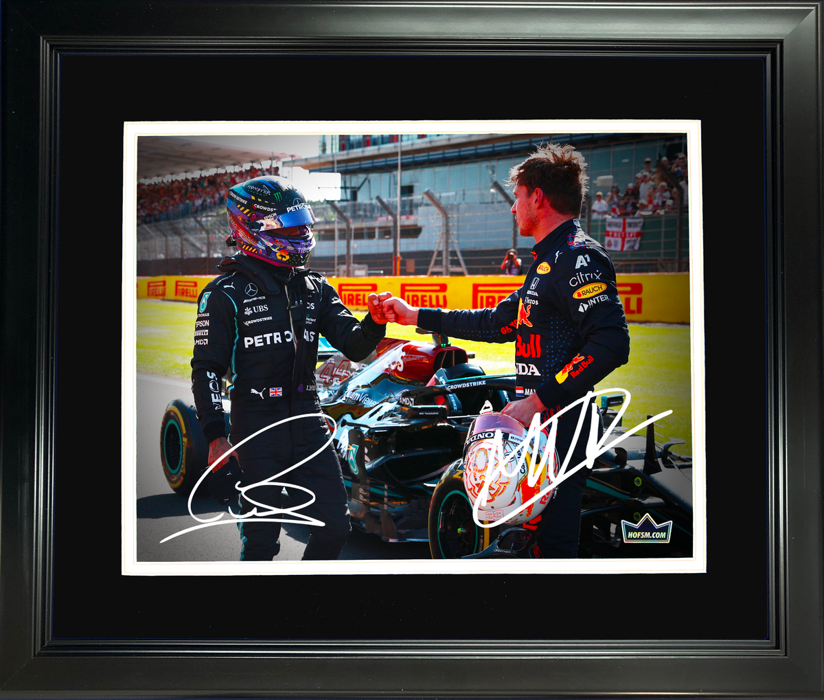 Framed Lewis Hamilton & Max Verstappen Dual Facsimile Laser Engraved Signature Auto 11"x14" F1 Racing Photo HOFSM Holo