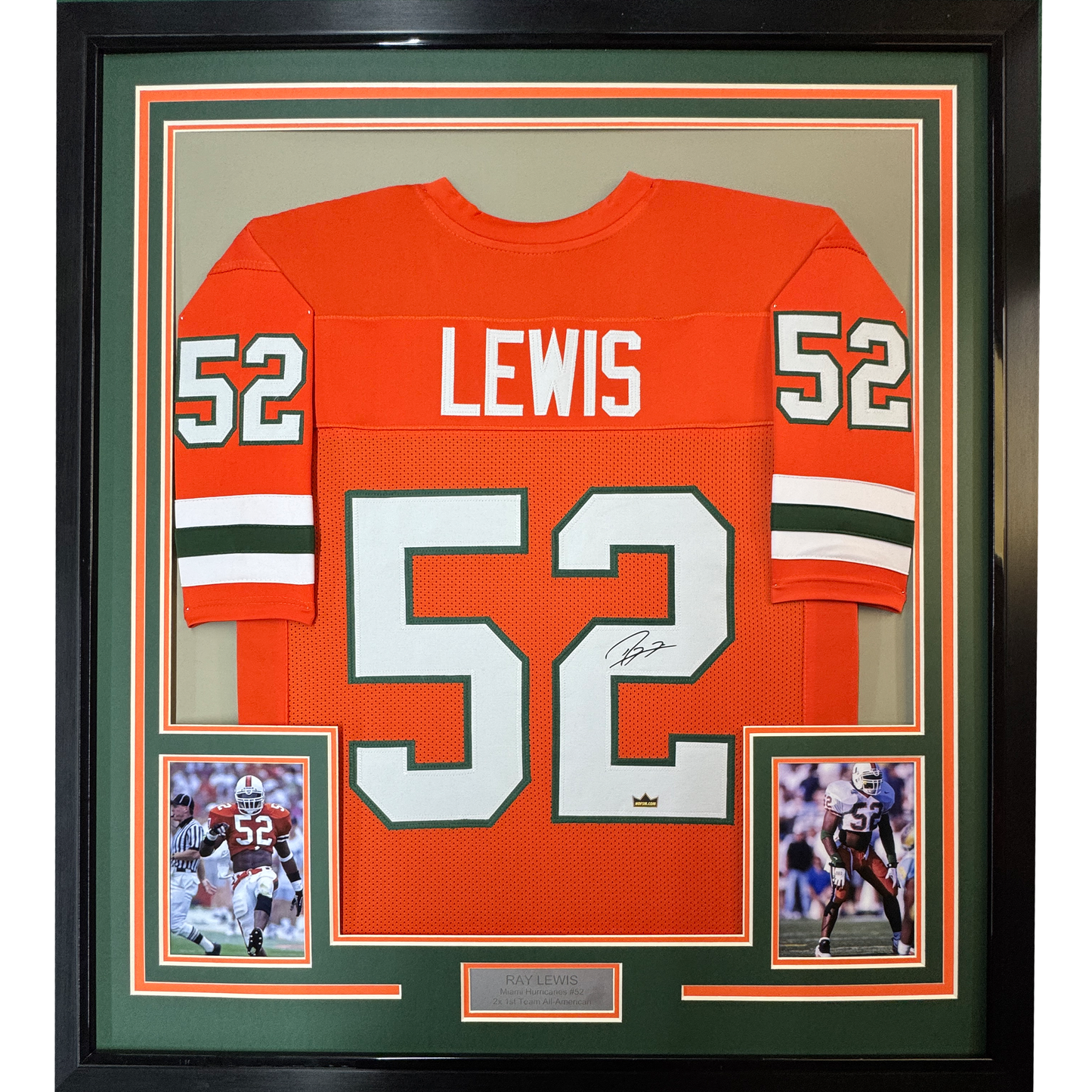 Framed Facsimile Autographed Ray Lewis 35x39 Miami Orange Reprint Laser Auto College Football Jersey