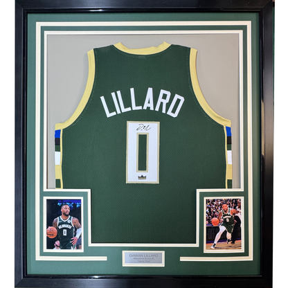 Framed Facsimile Autographed Damian Lillard 35x39 Milwaukee Green Reprint Laser Auto Basketball Jersey