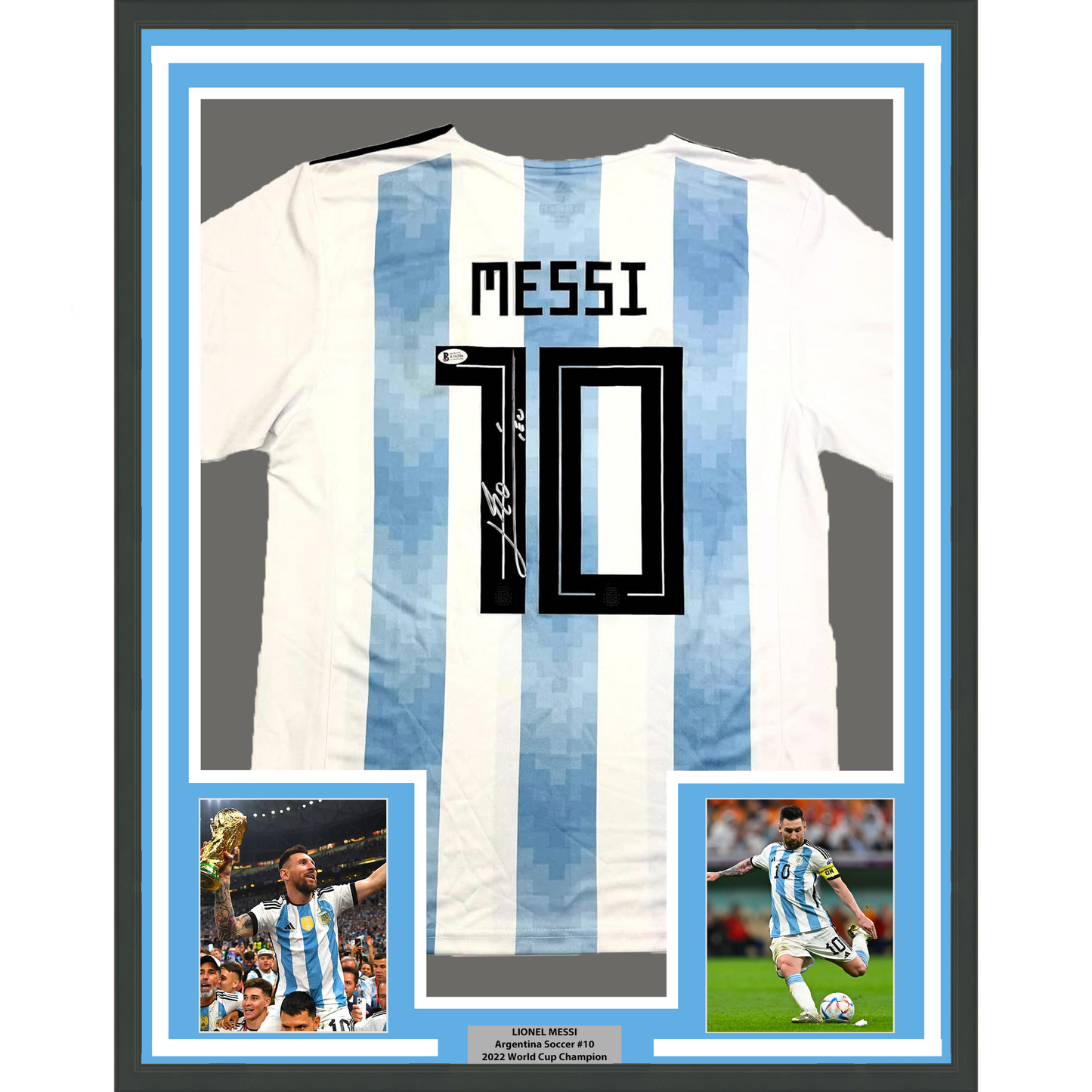 Framed Autographed/Signed Lionel Leo Messi 35x39 Argentina Blue/White Soccer Jersey Beckett BAS COA