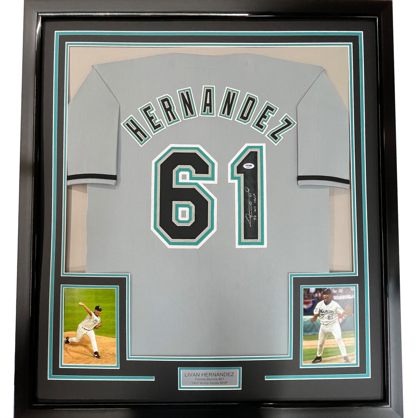 Framed Autographed/Signed Livan Hernandez 97 WS MVP 35x39 Florida Grey Baseball Jersey PSA/DNA COA