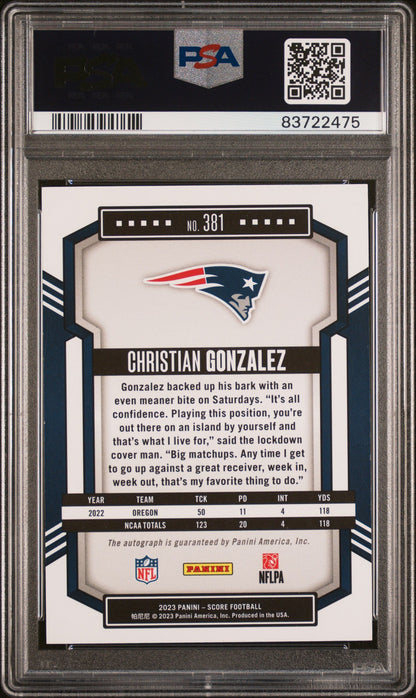 Graded 2023 Panini Score Christian Gonzalez #381 Autograph Rookie RC Football Card PSA 10 Gem Mint