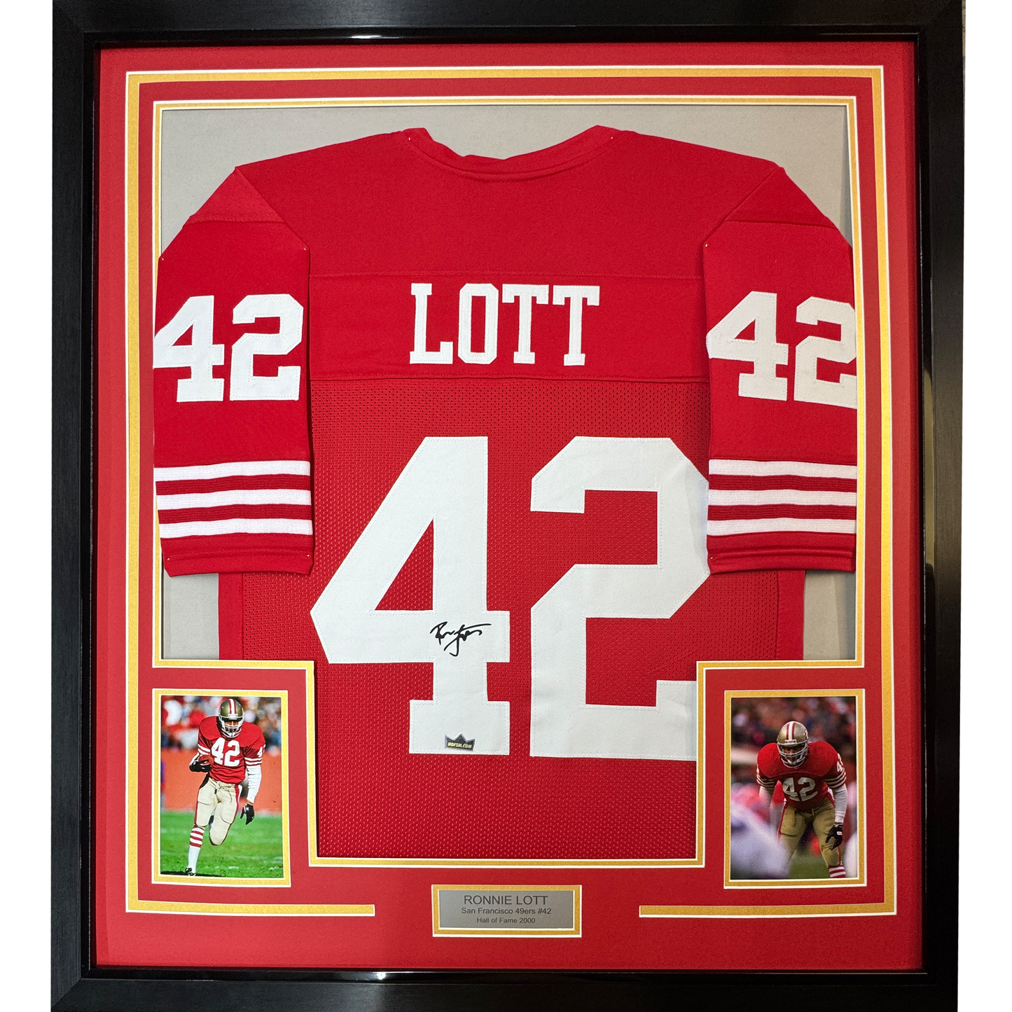 Framed Facsimile Autographed Ronnie Lott 35x39 San Francisco Red Reprint Laser Auto Football Jersey