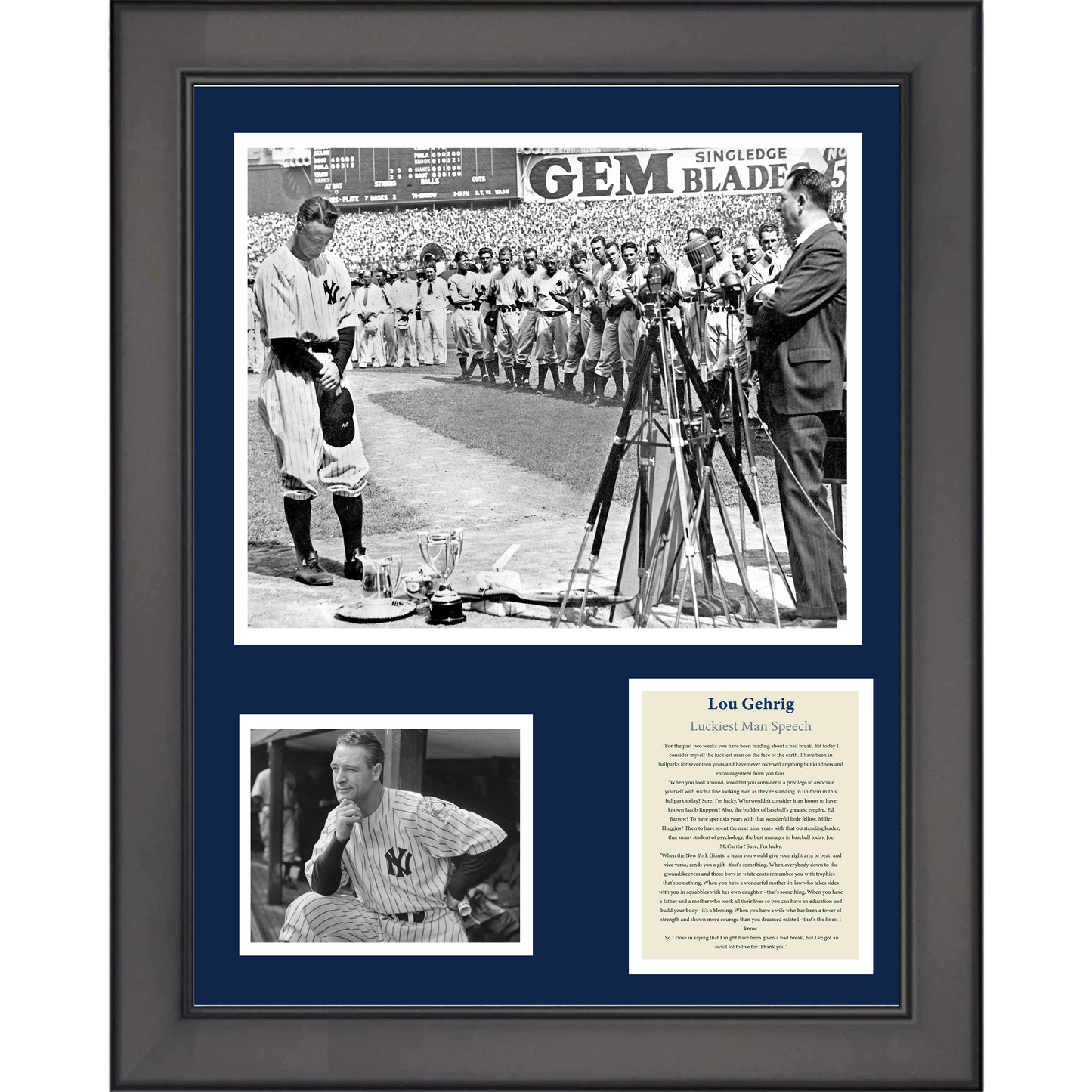 Framed Lou Gehrig Luckiest Man Speech New York Yankees Baseball 11"x14" Three Photo Collage