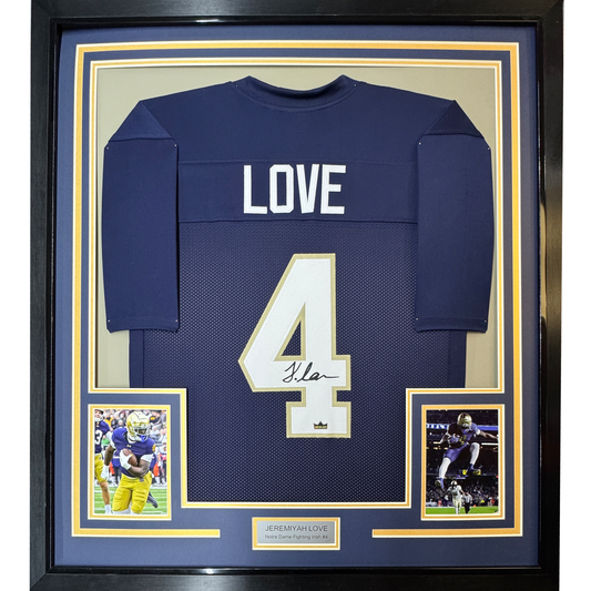 Framed Facsimile Autographed Jeremiyah Love 35x39 Notre Dame Blue Reprint Laser Auto College Football Jersey