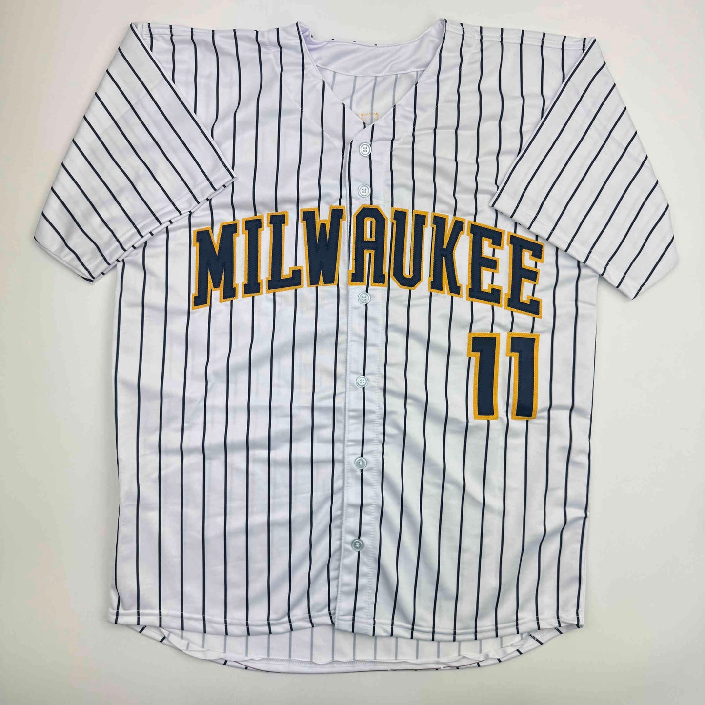 Autographed/Signed Jackson Chourio Milwaukee Pinstripe Baseball Jersey Beckett BAS COA