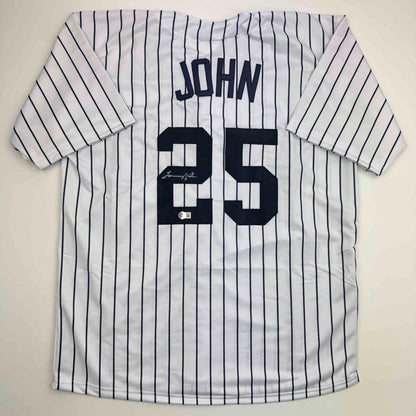 Autographed/Signed Tommy John New York Pinstripe Baseball Jersey Beckett BAS COA