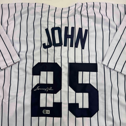 Autographed/Signed Tommy John New York Pinstripe Baseball Jersey Beckett BAS COA