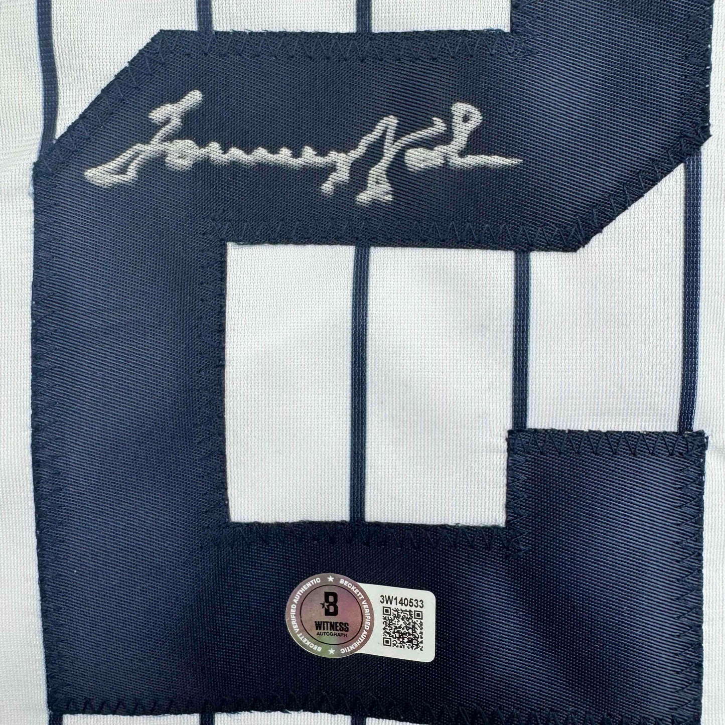 Autographed/Signed Tommy John New York Pinstripe Baseball Jersey Beckett BAS COA