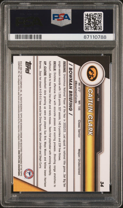Graded 2023 Topps Bowman U Chrome Caitlin Clark #34 Pink Rookie RC Basketball Card PSA 10 Gem Mint