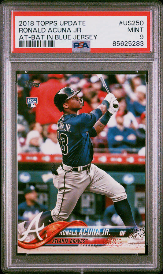 Graded 2018 Topps Update Ronald Acuna Jr. #US250 At Bat In Blue Jersey Rookie RC Baseball Card PSA 9 Mint