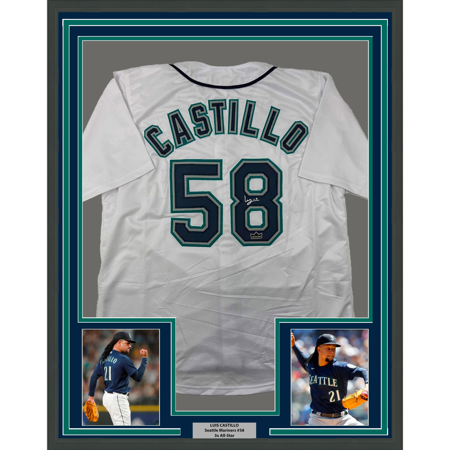 Framed Facsimile Autographed Luis Castillo 35x39 Seattle White Reprint Laser Auto Baseball Jersey