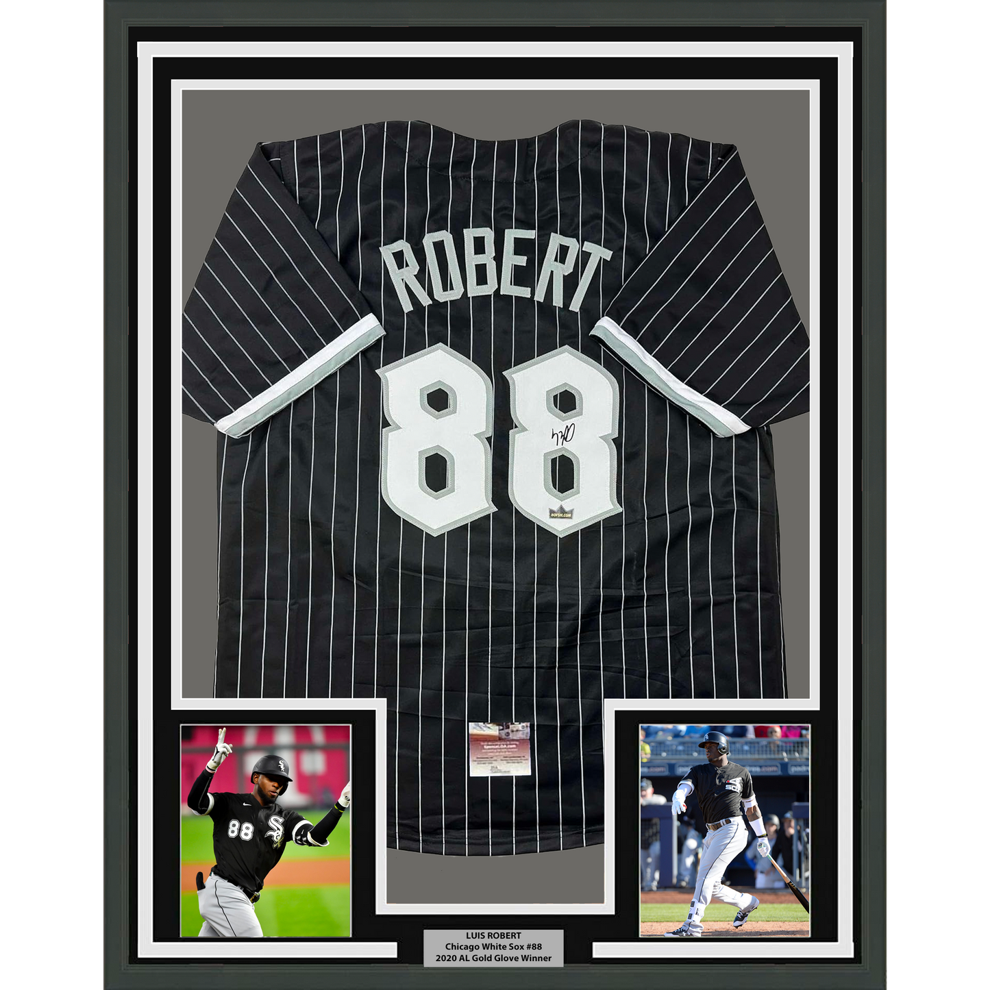 Framed Facsimile Autographed Luis Robert 35x39 Chicago Black Pinstripe City Connect Reprint Laser Auto Baseball Jersey