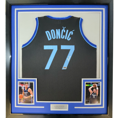 Framed Facsimile Autographed Luka Doncic 35x39 Dallas Black Reprint Laser Auto Basketball Jersey