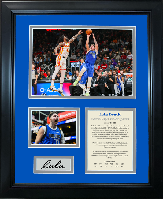Framed Luka Doncic 73 Point Game Record Facsimile Laser Engraved Signature Auto Basketball 11"x14" Photo Sig Collage