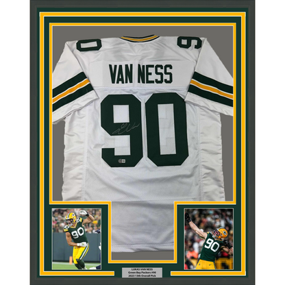 Framed Autographed/Signed Lukas Van Ness 35x39 Green Bay White Football Jersey Beckett BAS COA