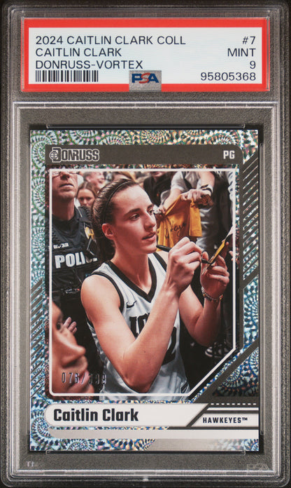 Graded 2024 Panini Caitlin Clark Collection Caitlin Clark #7 Donruss Vortex #/399 Rookie RC Basketball Card PSA 9 Mint