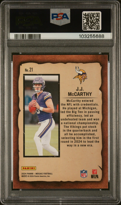 Graded 2024 Panini Mosaic JJ McCarthy #21 Notoriety Rookie RC Football Card PSA 10 Gem Mint