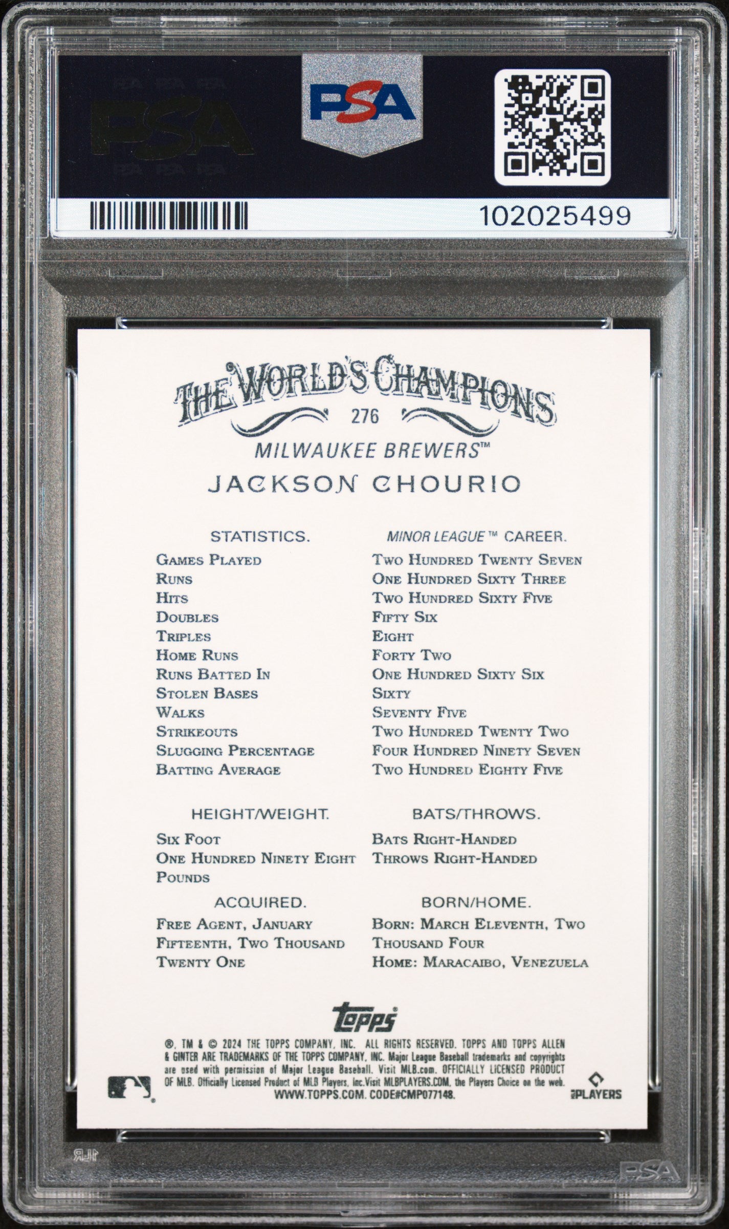 Graded 2024 Topps Allen & Ginter Jackson Chourio #276 Rookie RC Baseball Card PSA 10 Gem Mint