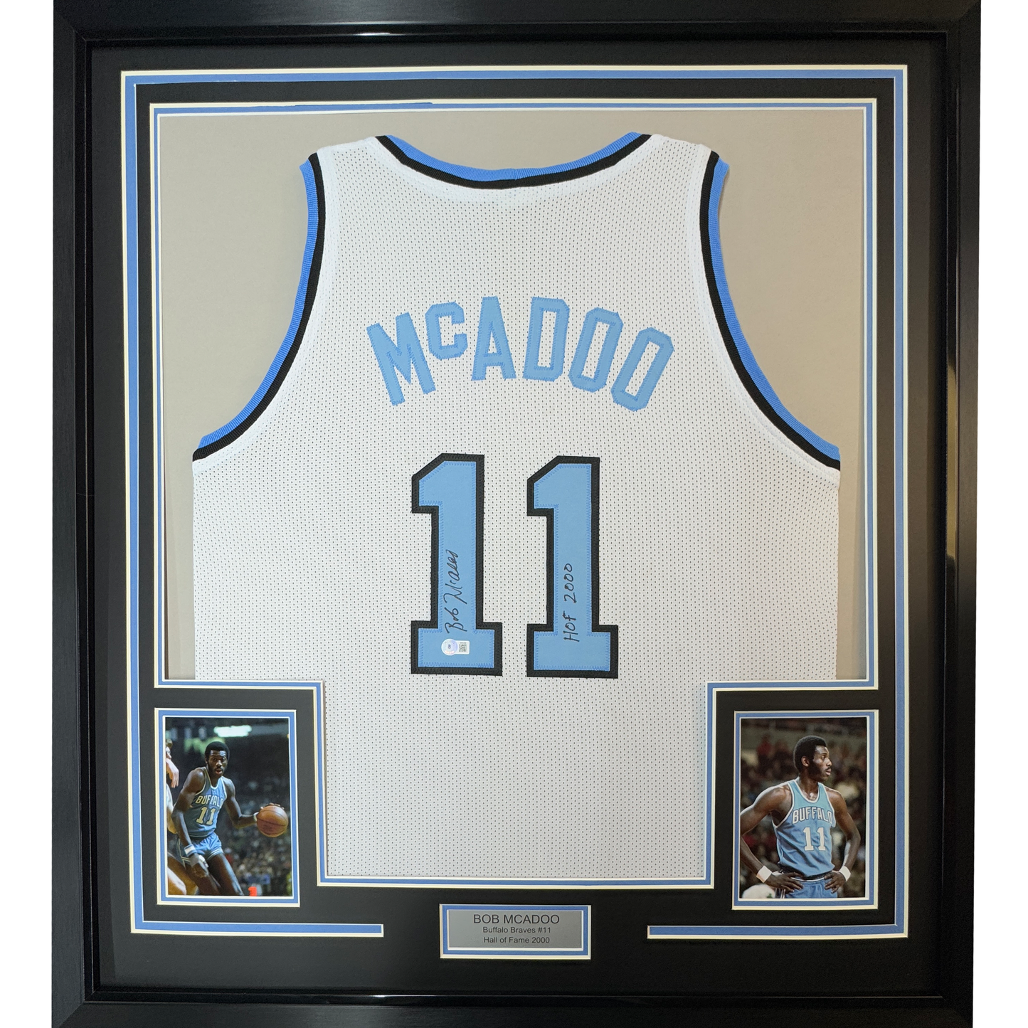 Framed Autographed/Signed Bob McAdoo 35x39 HOF 2000 Buffalo White Basketball Jersey Beckett BAS COA