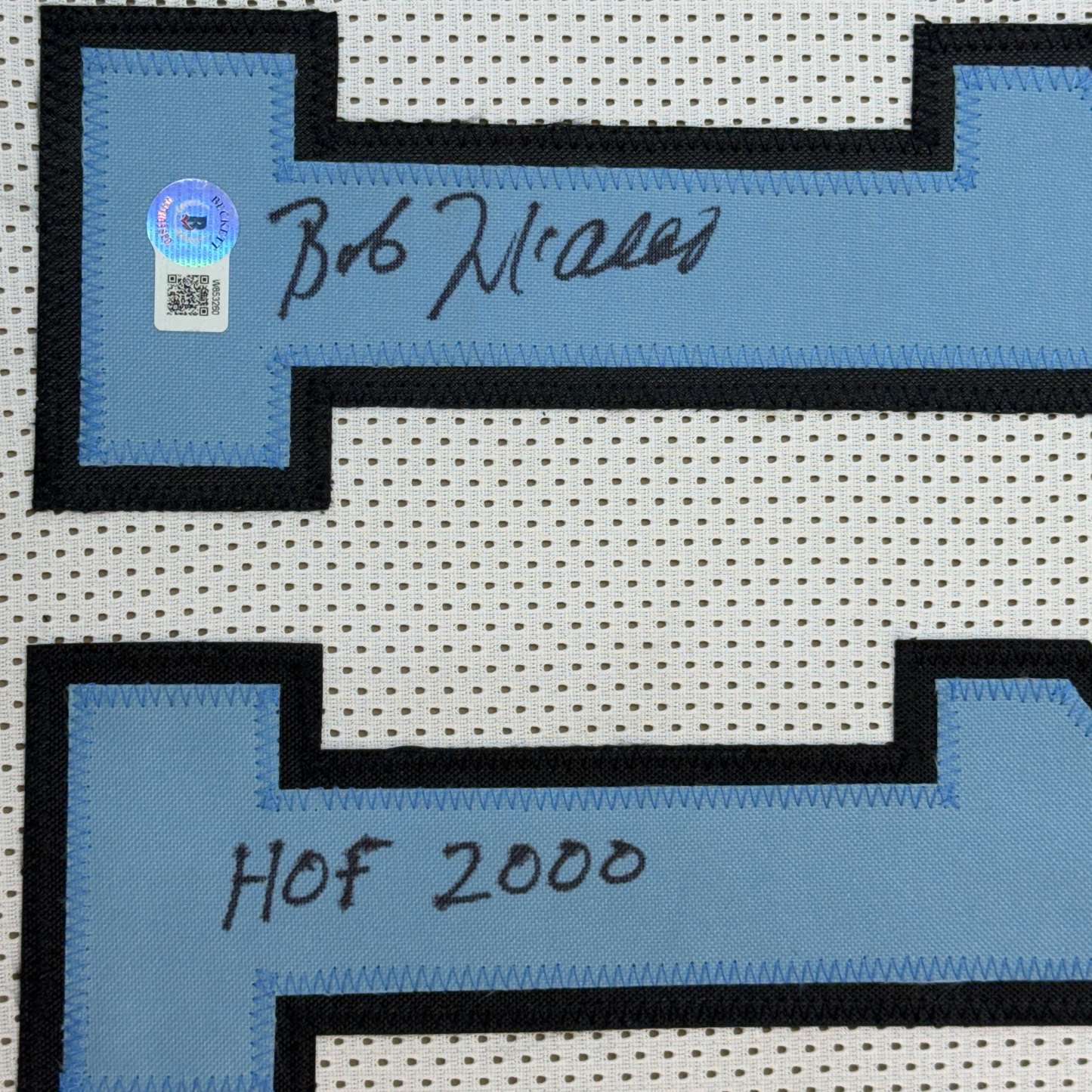 Framed Autographed/Signed Bob McAdoo 35x39 HOF 2000 Buffalo White Basketball Jersey Beckett BAS COA