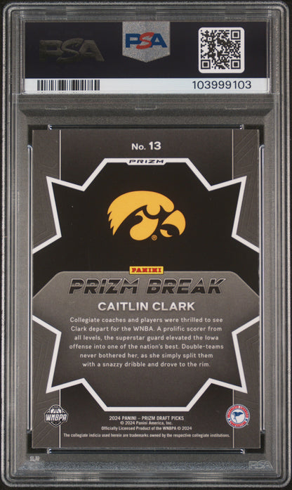 Graded 2024 Panini Prizm Draft Picks Caitlin Clark #13 Prizm Break Silver Prizm Rookie RC Basketball Card PSA 10 Gem Mint