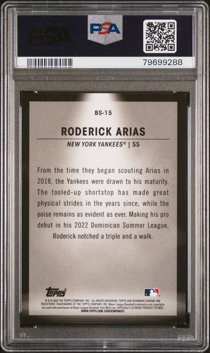 Graded 2023 Topps Bowman Roderick Arias #BS15 Spotlights Aqua Refractor /125 Rookie RC Baseball Card PSA 10 Gem Mint