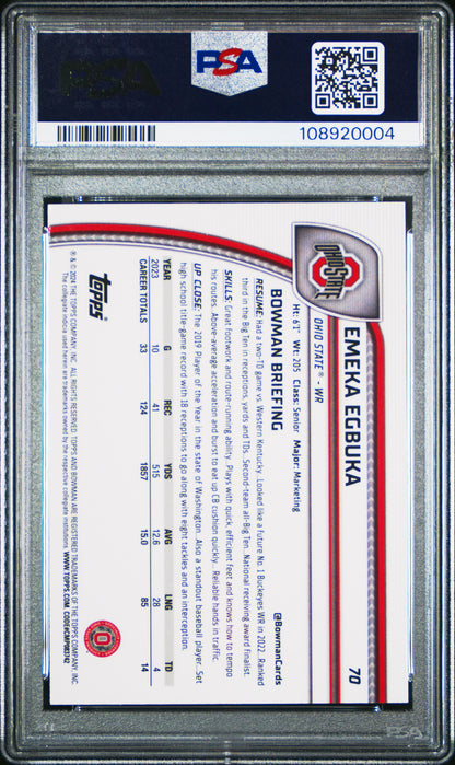 Graded 2024 Topps Bowman U Sapphire Emeka Egbuka #70 Rookie RC Football Card PSA 10 Gem Mint