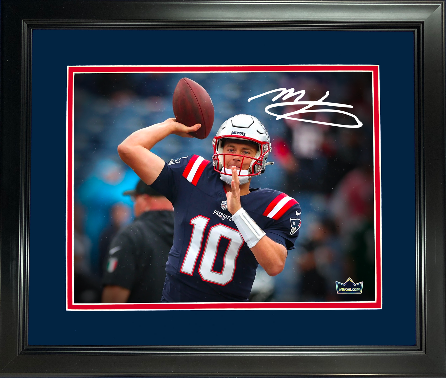 Framed Mac Jones Facsimile Laser Engraved Signature Auto New England Patriots 11"x14" Football Photo HOFSM Holo