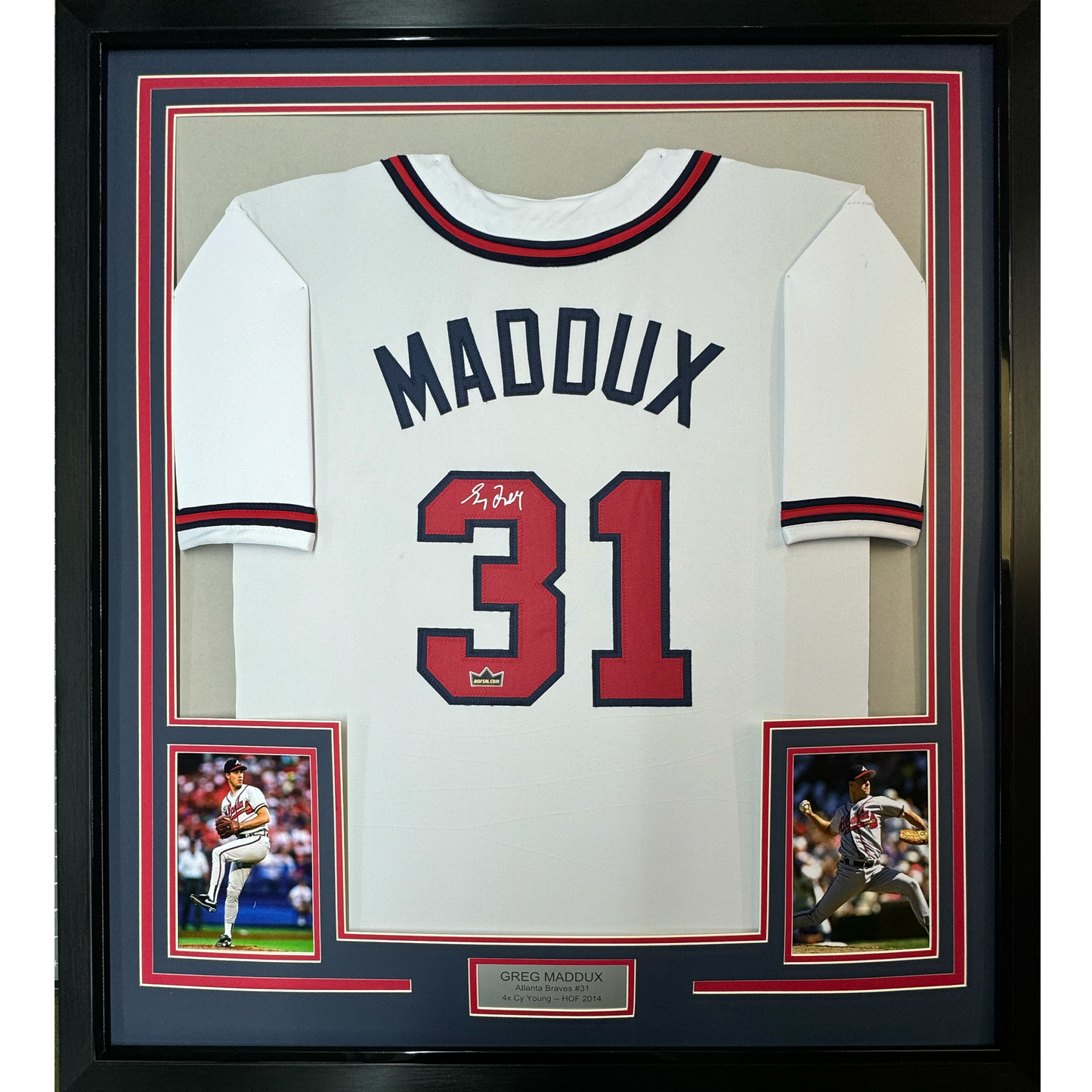 Framed Facsimile Autographed Greg Maddux 35x39 Atlanta White Reprint Laser Auto Baseball Jersey