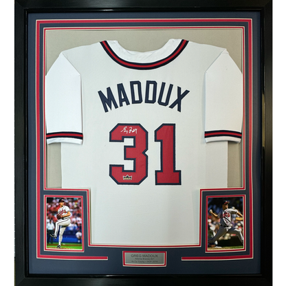 Framed Facsimile Autographed Greg Maddux 35x39 Atlanta White Reprint Laser Auto Baseball Jersey