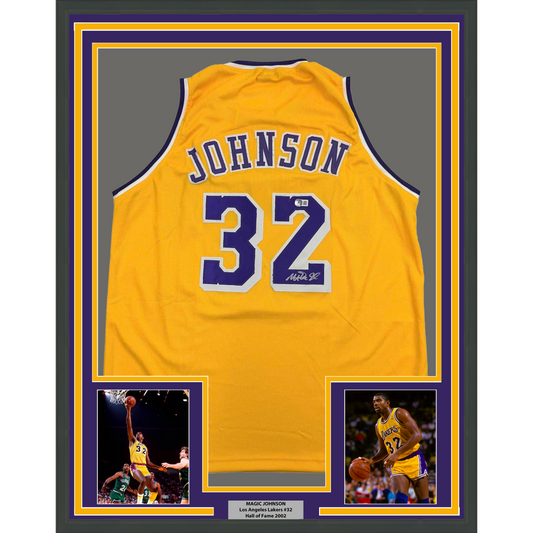 Framed Autographed/Signed Earvin Magic Johnson 35x39 Los Angeles LA Yellow Basketball Jersey Beckett BAS COA