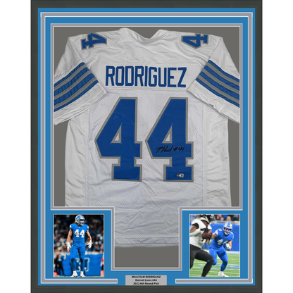 Framed Autographed/Signed Malcolm Rodriguez 35x39 Detroit White Football Jersey Beckett BAS COA