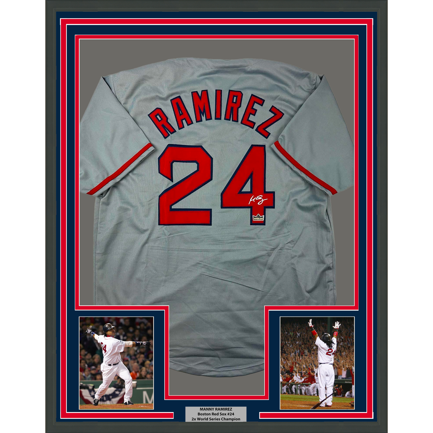 Framed Facsimile Autographed Manny Ramirez 35x39 Boston Grey Reprint Laser Auto Baseball Jersey