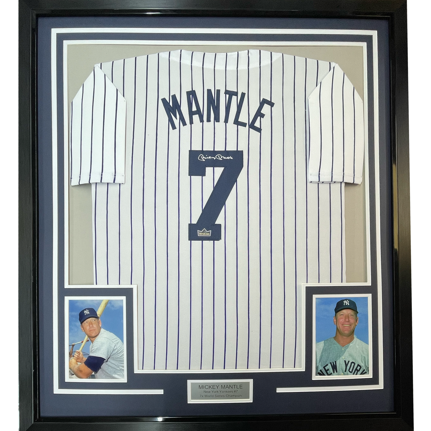 Framed Facsimile Autographed Mickey Mantle 35x39 New York Pinstripe Reprint Laser Auto Baseball Jersey