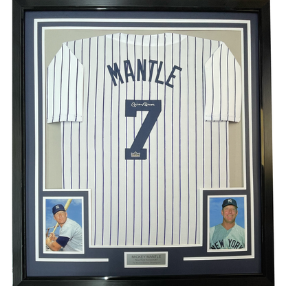 Framed Facsimile Autographed Mickey Mantle 35x39 New York Pinstripe Reprint Laser Auto Baseball Jersey