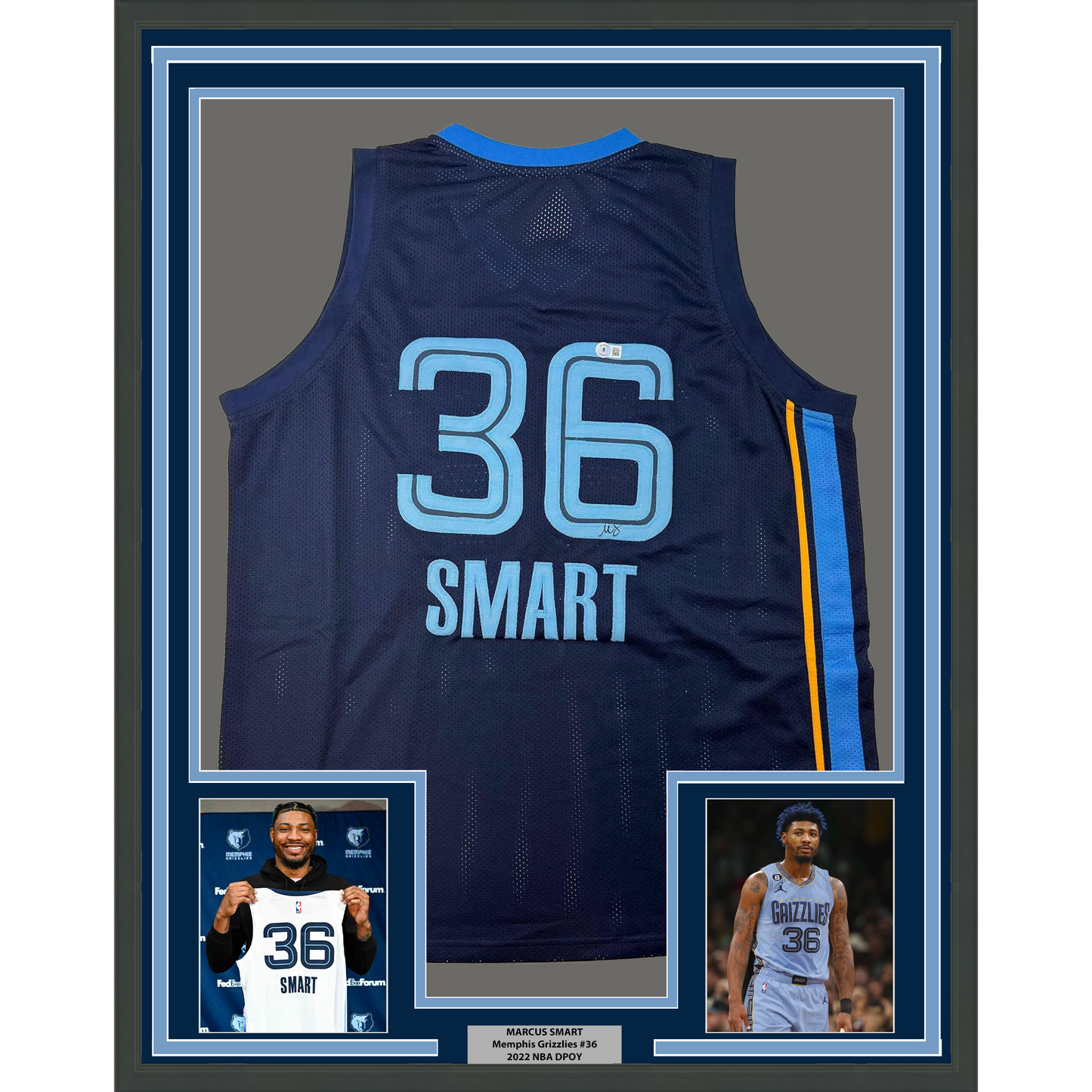 Framed Autographed/Signed Marcus Smart 35x39 Memphis Blue Basketball Jersey Beckett BAS COA