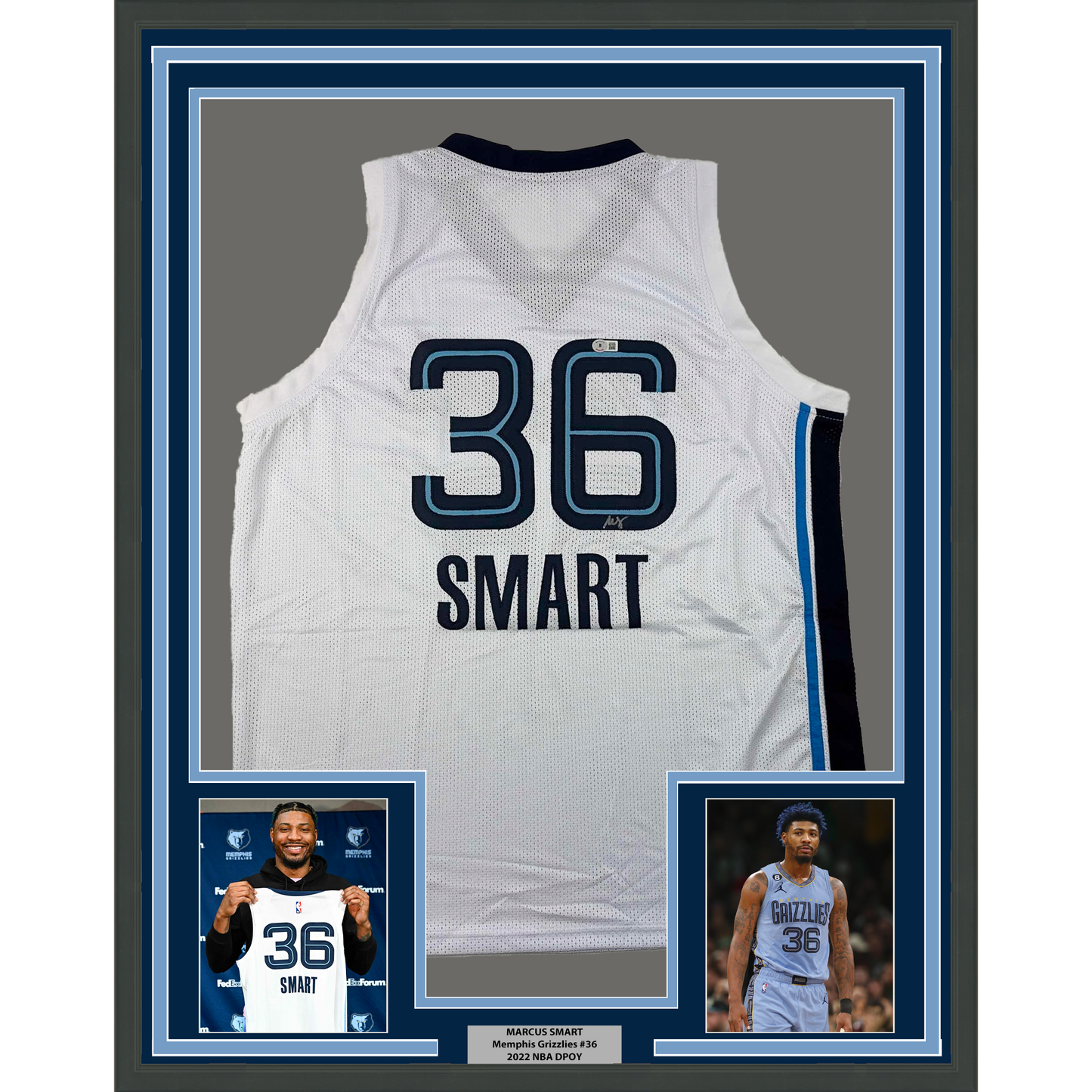 Framed Autographed/Signed Marcus Smart 35x39 Memphis White Basketball Jersey Beckett BAS COA