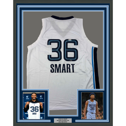 Framed Autographed/Signed Marcus Smart 35x39 Memphis White Basketball Jersey Beckett BAS COA