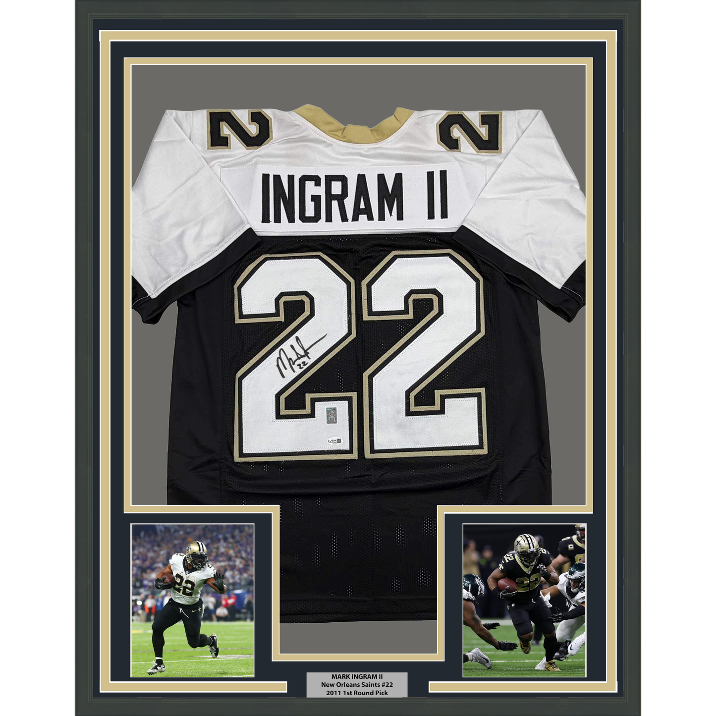 Framed Autographed/Signed Mark Ingram II 35x39 New Orleans Black Alternate Football Jersey JSA COA