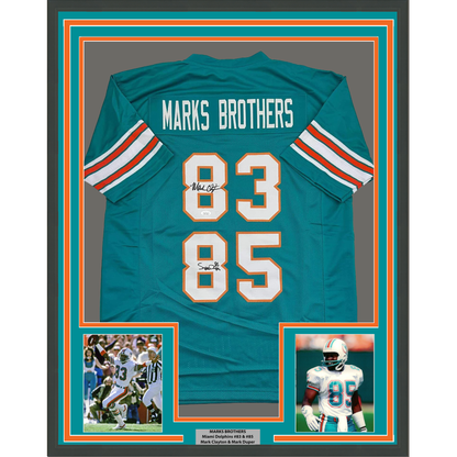Framed Autographed/Signed Marks Brothers Mark Clayton & Mark Duper 35x39 Miami Teal Football Jersey JSA COA