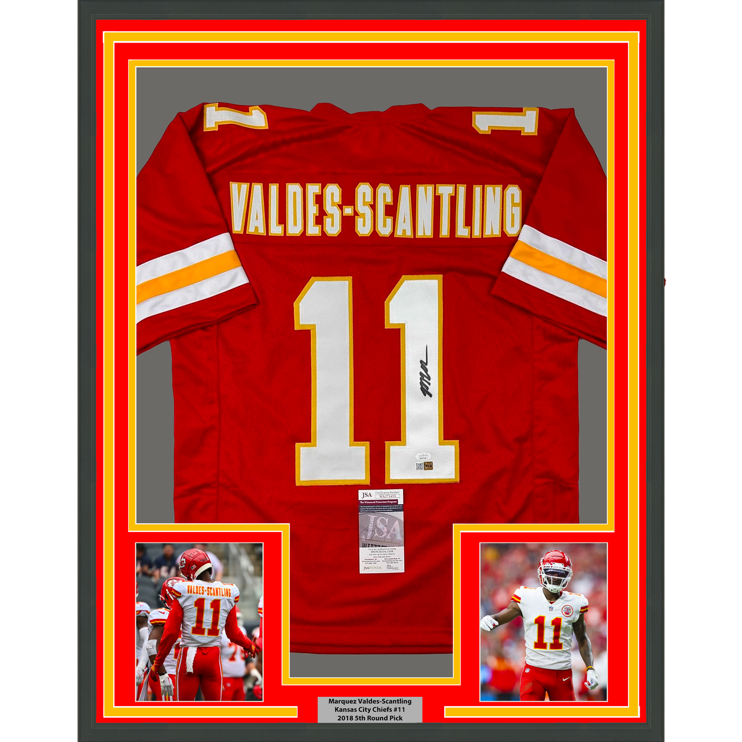 Framed Autographed/Signed Marquez Valdes-Scantling 35x39 Kansas City Red Football Jersey JSA COA