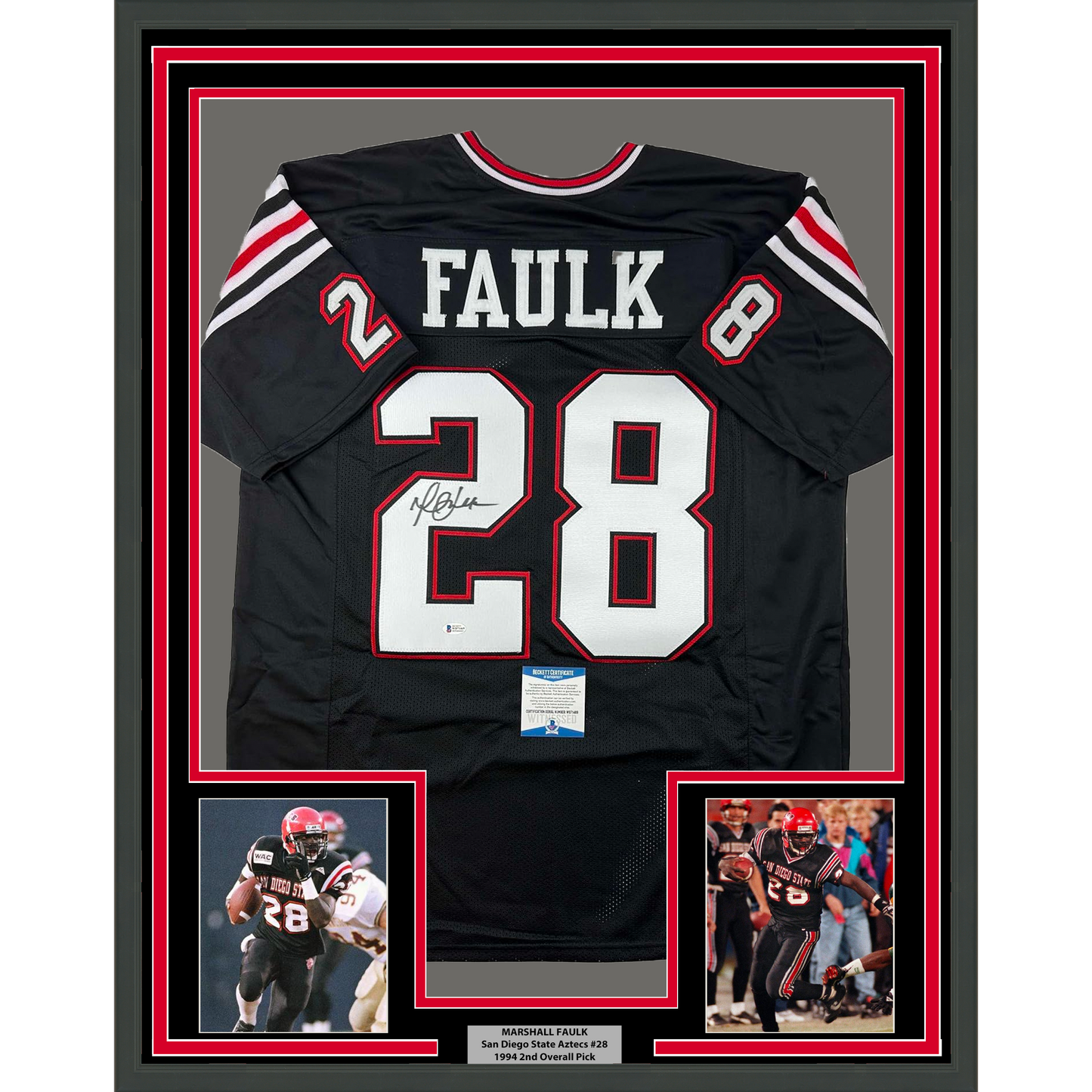Framed Autographed/Signed Marshall Faulk 35x39 San Diego State Black College Football Jersey Beckett BAS COA