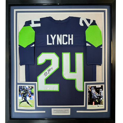 Framed Facsimile Autographed Marshawn Lynch 35x39 Seattle Blue Reprint Laser Auto Football Jersey
