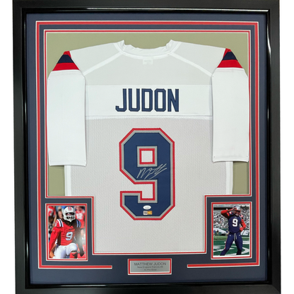 Framed Autographed/Signed Matthew Judon 35x39 New England White Football Jersey JSA COA